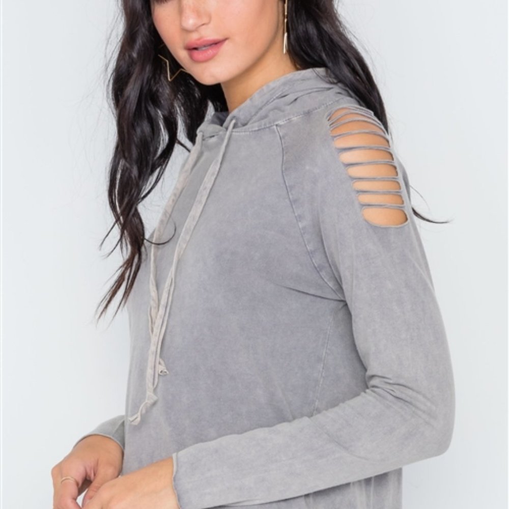 GREY STONE WASH LASER CUT SHOULDERS SWEATER